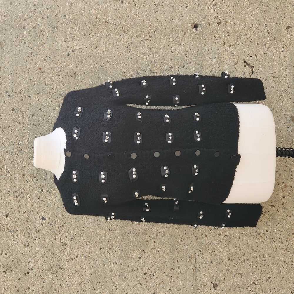 black knit cardigan with pearls & rhinestomes